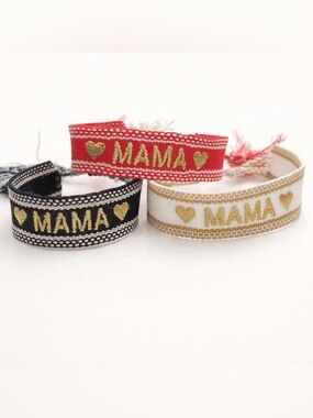 Mama Bracelet Set of 3 Woven Gold Heart Adjustable Red Black Ivory